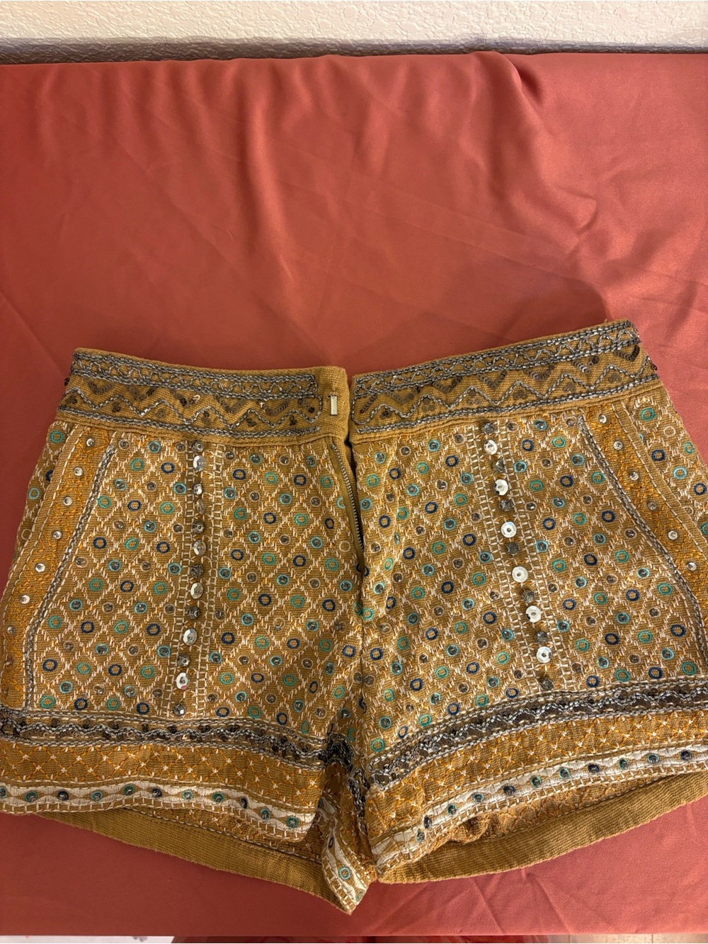 Freeway - Mustard Embroidered Shorts w/ Mirror Accents Festival Boho Glam Party - Picture 12 of 12